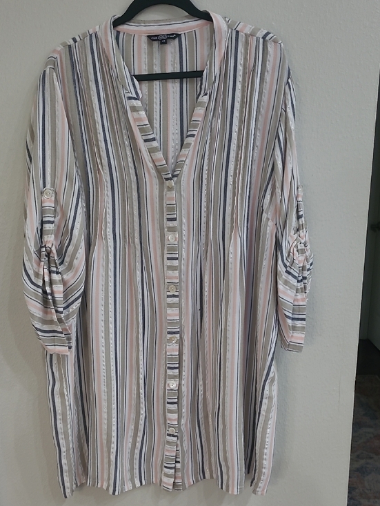 Tops - Club Z Collection Striped Button-Front Tunic Top in Blush, Navy & Cream Size 2x